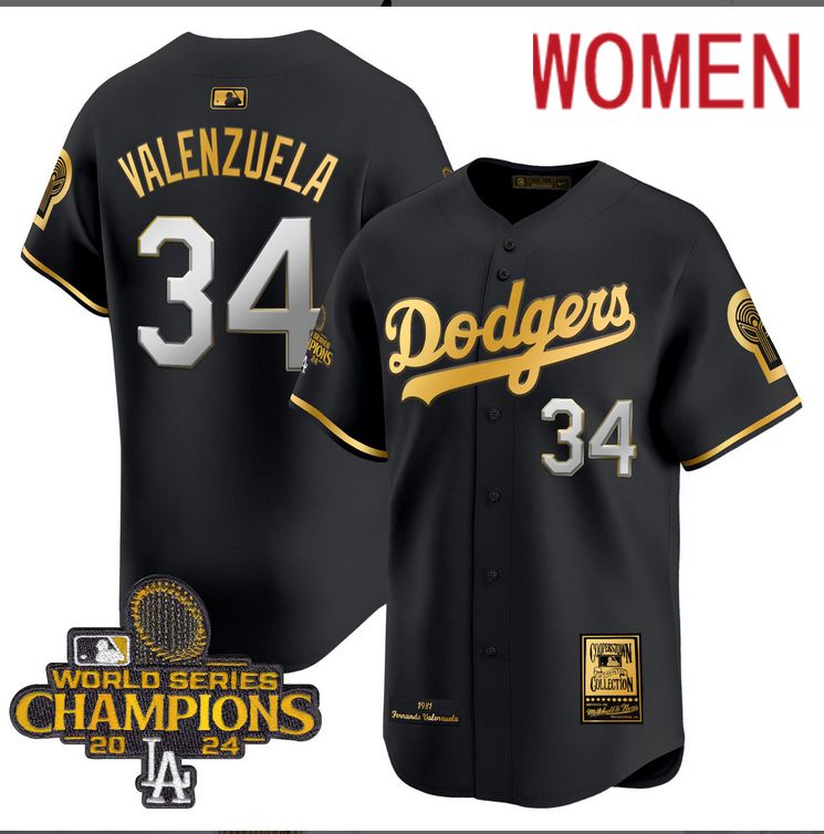 Women MLB Los Angeles Dodgers 34 Valenzuela black 2024 World Series Champions Patch Cooperstown Jersey